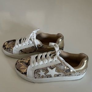 Women’s SODA faux snakeskin sneakers.  Size 7. Cream, gold, brown print.